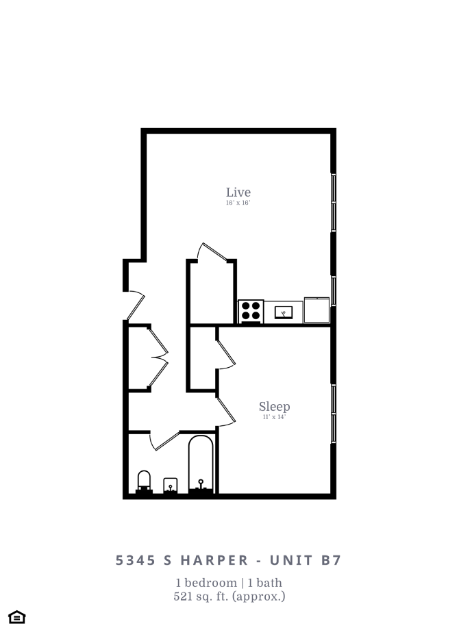 Floor plan for 1 bed, 1 bath, 521 sqft
